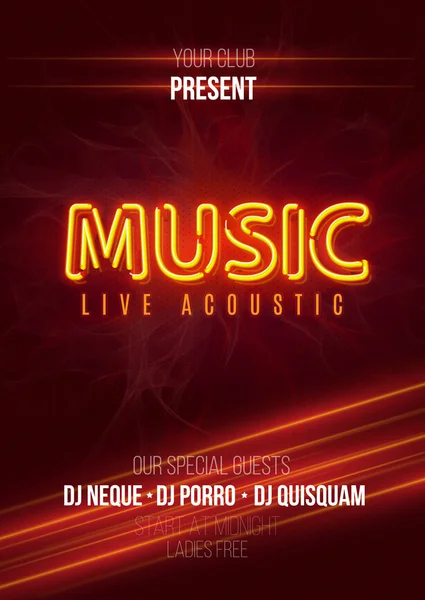 Ilustrasi Retro Disco 80-an Neon Poster Music Live Acoustic - Stok Vektor