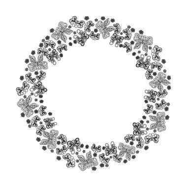 Kelebekler ile yuvarlak çerçeve. Yetişkin sayfası için boyama kitabı. Siyah beyaz kelebek çelengi. Kelebek tek renkli çerçeve.