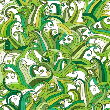 Vektör sorunsuz doku soyut bitki elemanları ile. Sonsuz arka plan. Doodle çim desen. Vektör zemin. Yeşil desen. Yaz şablonu. Kullanım için duvar kağıdı, desen dolgularını, web sayfası arka planı