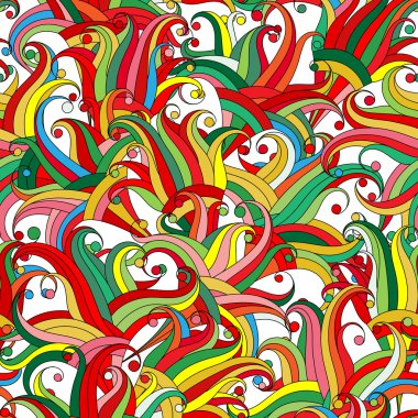 Soyut bitki elemanları ile vektör dikişsiz doku. Sonsuz arka plan. Kırmızı yeşil sarı çim engebeni. Parlak desen. Yaz şablonu. Duvar kağıdı, desen dolguları, web sayfası arka plan için kullanın