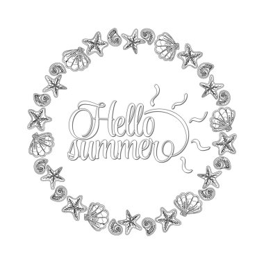 Seashell sınır çerçeve, okyanus desen. Vektör vintage çizim. Kroki. Kitap sayfa yetişkin renklendirme. Elle çizilmiş resimler. Beach konsept Restoran Menü kartı, Bilet, logo etiket vs. Merhaba yaz