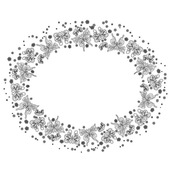 Okrągła rama z motyli. Kolorowanka dla dorosłych strony. Czarno-biały wieniec motyla. Motyl monochromatyczna ramka. — Wektor stockowy