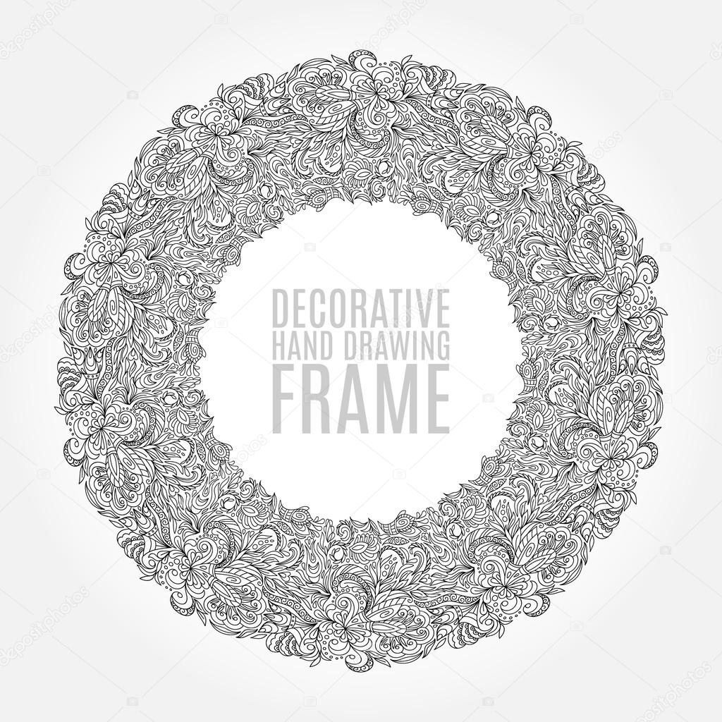 vector black and white floral frame pattern of flowers, spirals, swirls and doodles