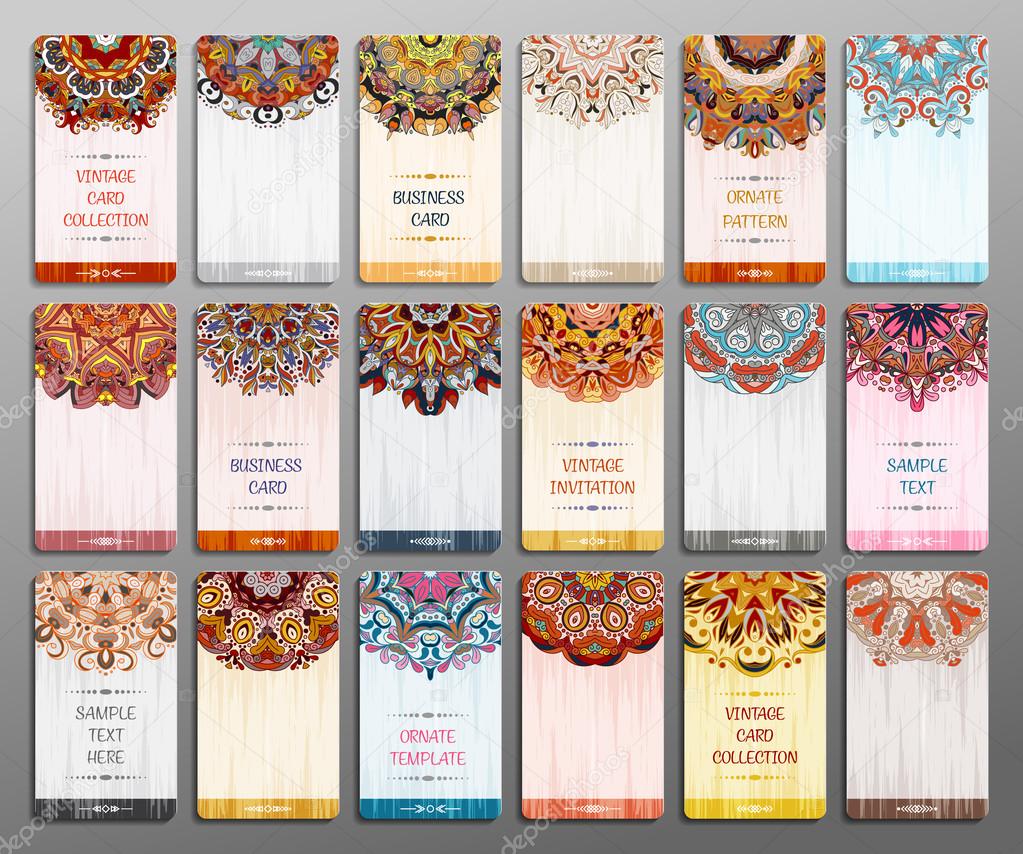 Business card collection. Vector background. Vintage decorative elements. Hand drawn background.