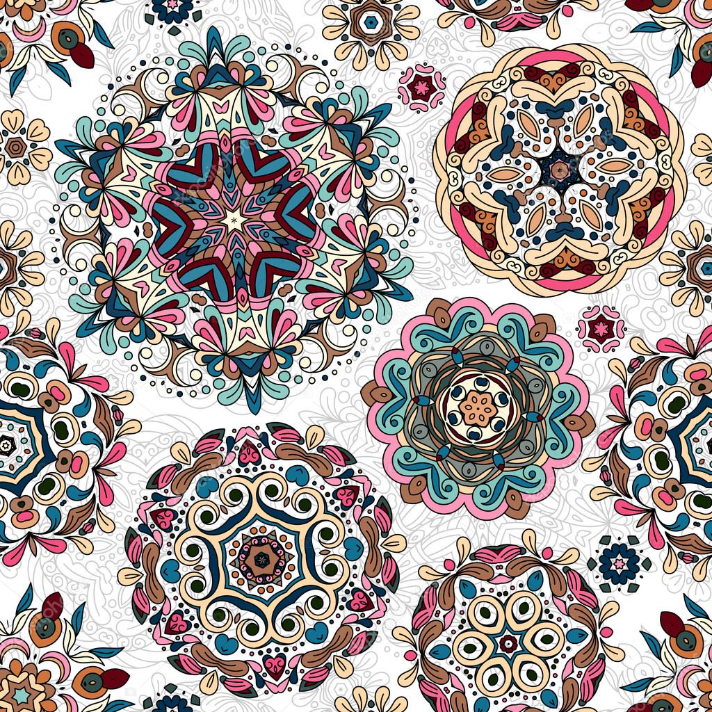 Ethnic pattern in pastel color with stylized flowers, leaves and circular shapes with Kazakh