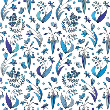Beyaz bir arka plan üzerinde renkli vahşi bahar çiçekleri ile güzel vintage seamless modeli. Vahşi bahar lily, çuha çiçeği, kardelen, unutma-beni. Vektör çizim. Violet Lila yeşil arka plan.