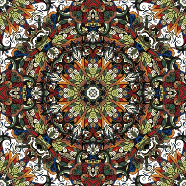 Mandala kusursuz desen. Vintage vektör dekoratif süs. Elle çizilmiş arka plan. Doğu, İslam, Arap, Hint, Osmanlı motifleri. Renkli etnik doku. Orient, simetri dantel, renkli mozaik, kiremit