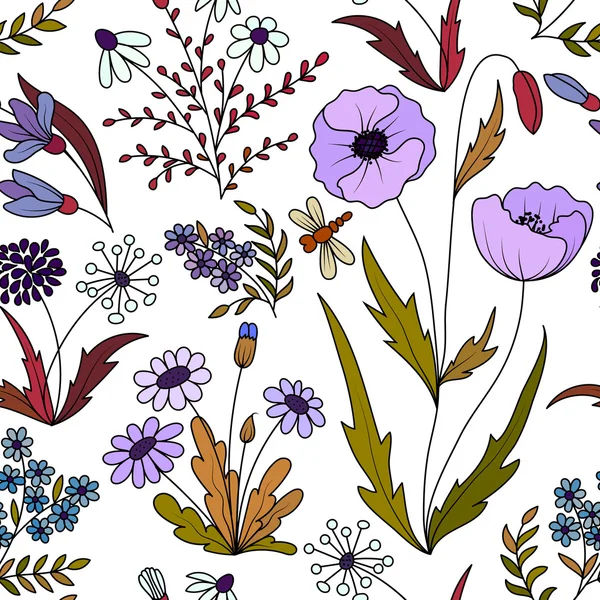 Schöne Vintage nahtlose Muster mit bunten wilden Frühlingsblumen auf weißem Hintergrund. Mohn, Gänseblümchen, Löwenzahn, Vergissmeinnicht. Vektorillustration. violett lila grün Hintergrund. — Stockvektor