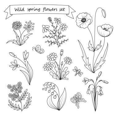 El kümesi vahşi bahar çiçekleri çizilmiş. Vektör çizim. Botanik. Vintage çiçekler. Gravür tarzı siyah ve beyaz çizimi.