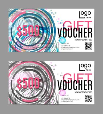 Vektör hediye çeki şablon, soyut geometrik daireler, noktalar, çizgiler arka plan. Son moda renkli desen. Butik, moda Salonu, kartvizit, güzellik salonları, el ilanı, afiş tasarım konsepti.