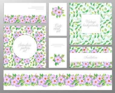 iki dikişsiz çiçek deseni, yaprak kenarlık ve karşılama veya tebrik kartları oluşan ayarlayın. Düğün, annenin doğum günü.