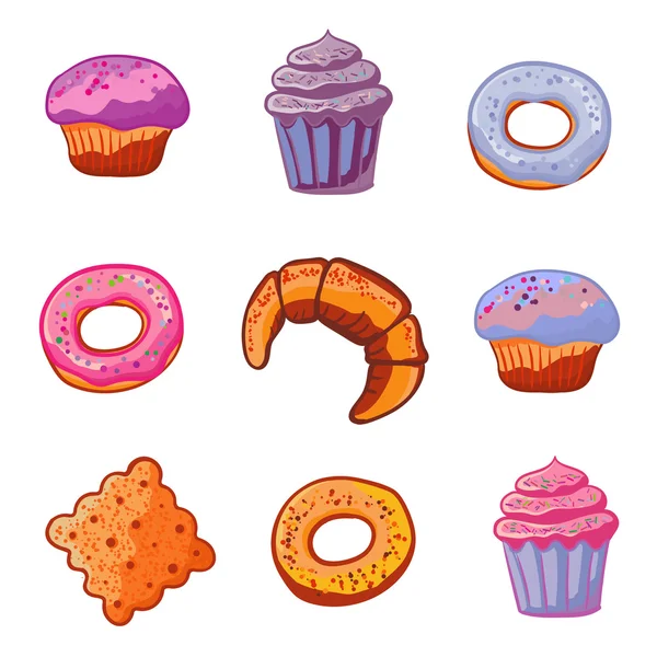 Set de productos para hornear. Postre iconos de estilo plano Muffin, donut, helado, postre, croissant, galleta. Vector . — Vector de stock
