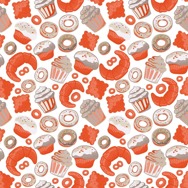 Modèle sans couture de boulangerie alimentaire vectoriel avec des produits de boulangerie. Produits de farine de pâtisserie. Illustration pour impression, web . — Image vectorielle