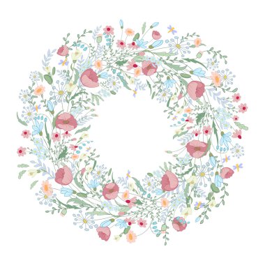 Elle çizilmiş çiçekler çelenk. Kartpostal ve poster modern tasarım için sevimli, renkli vektör. Çiçek çelenk, el stili arka planlar.