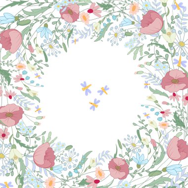 Kontur haşhaş, yabani çiçekler ve beyaz otlar ile Kare çerçeve. Düğün tasarımı, çiçek tebrik kartları, posterler için çiçek desen.