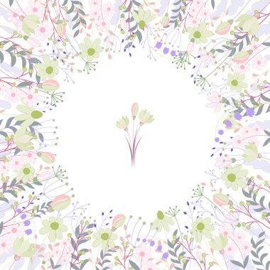 Beyaz kontur gül ve otlar ile Kare çerçeve. Düğün tasarımı, çiçek tebrik kartları, posterler için çiçek desen.