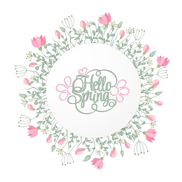 Spring Hand Draw Round Frame with Gentle Pink Flowers, leaves and herbs, Botanical Vector illustration. Hello spring invitation card. — Stock Vector