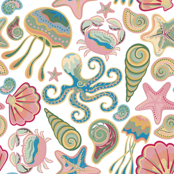 Yengeç, ahtapot, Deniz anası, yıldız balık ve diğer su dünya duvar kağıdı altında renkli — Stok Vektör
