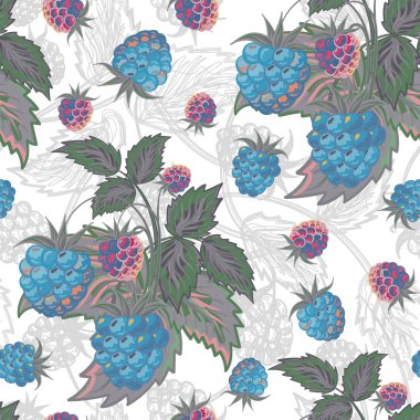 vector illustration. Colorful blue pink seamless pattern of raspberries.