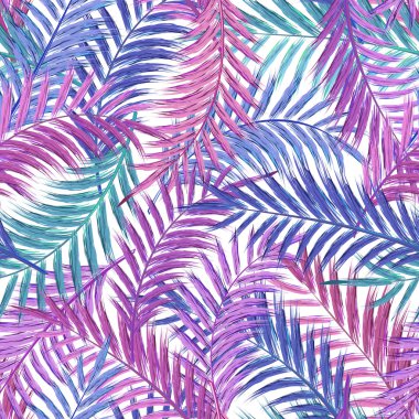 Leaves of palm tree. Seamless pattern. Palm leaf in violet on white background. Tropical trees leaves.