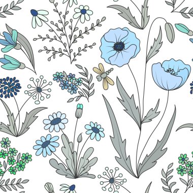 Beautiful vintage seamless pattern with colorful wild spring flowers on a white background.