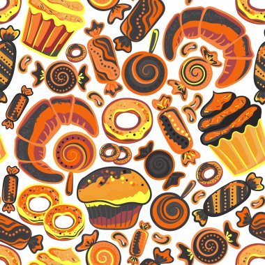 Pişmiş eşya ile vektör yiyecek ekmek seamless modeli. Unlu Mamüller pasta dükkanı. Gösterim amacıyla yazdırma, web.