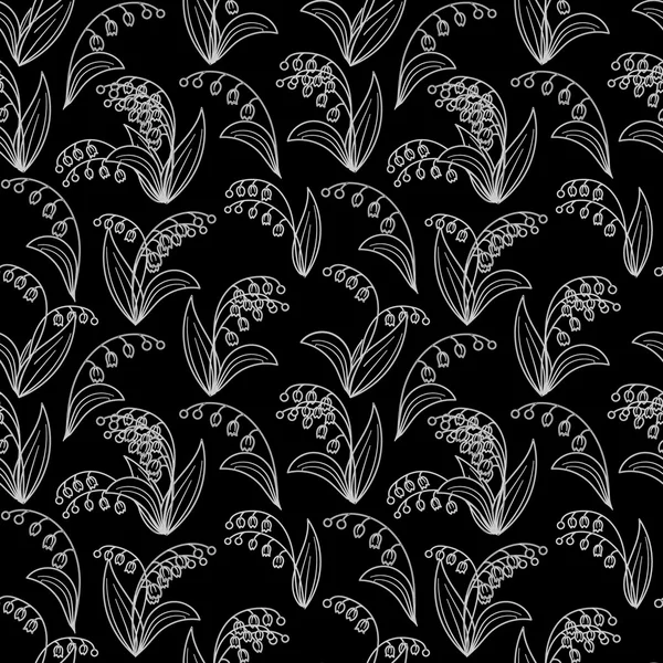 无缝的黑白相间的花纹与铃兰在黑色背景上。矢量 eps 10. — 图库矢量图片