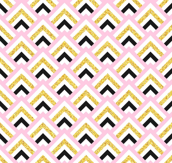 Geometrisches rosafarbenes, schwarz und gold glitzerndes, nahtloses Muster auf weißem Hintergrund. — Stockvektor