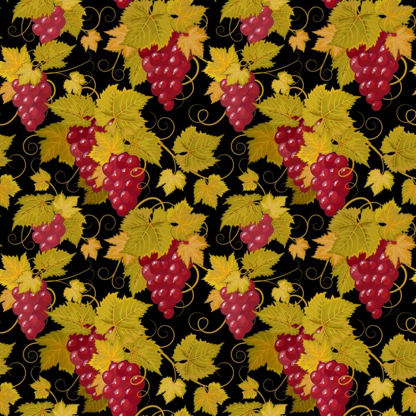 Nahtloses Muster mit Zweigen, Blättern und Beeren von Trauben auf schwarzem Hintergrund. Vektor. — Stockvektor