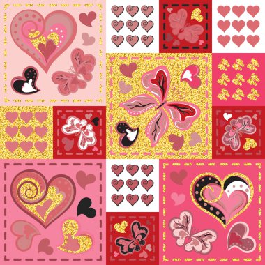 Patchwork kalpleri ve kelebek ile renkli. Kusursuz desen. Altın pırılpırıl elementler. Scrapbooking serisi.