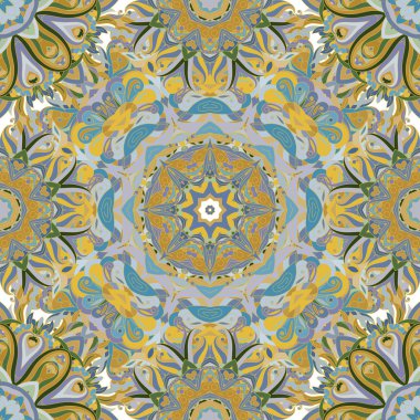 Yuvarlak mandala seamless modeli. Arap, Hint, İslam, Osmanlı süsleme. Yeşil ve kırmızı çiçek desen, motif. 