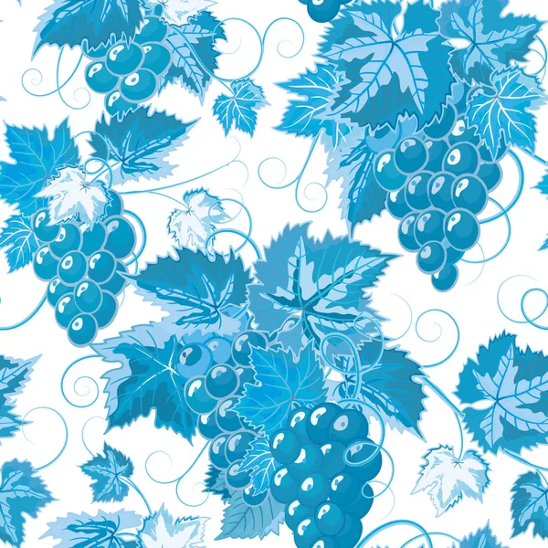 Modèle sans couture avec des branches, des feuilles et des baies de raisin. Vecteur. Couleurs bleues . — Image vectorielle