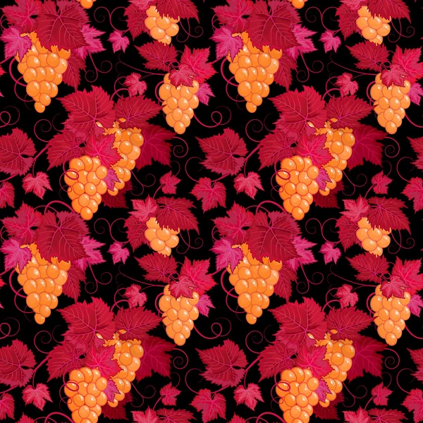 Dessin à la main motif floral sans couture avec raisin jaune et feuilles rouges sur fond noir — Image vectorielle