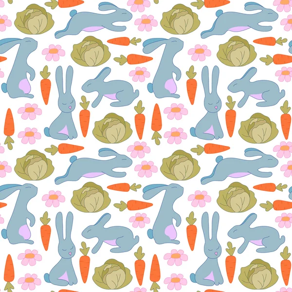 Naadloze patroon met konijntjes, bloemen, wortelen en kool. Konijn achtergrond voor kinderen. — Stockvector