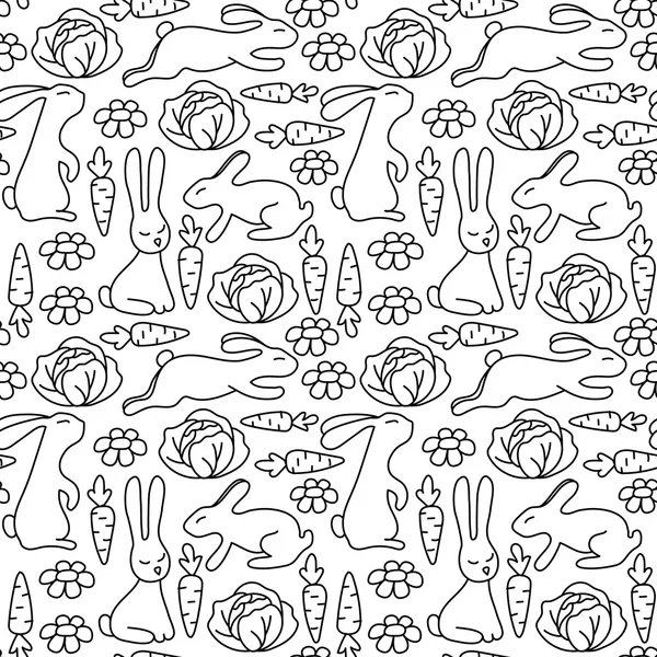 Seaemless pattern with rabbits. Pattern for coloring book. Hand-drawn decorative elements in vector. — Stock Vector