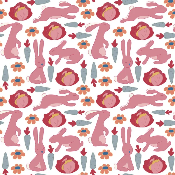 Naadloze patroon met konijntjes, bloemen, wortelen en kool. Konijn achtergrond voor kinderen. — Stockvector