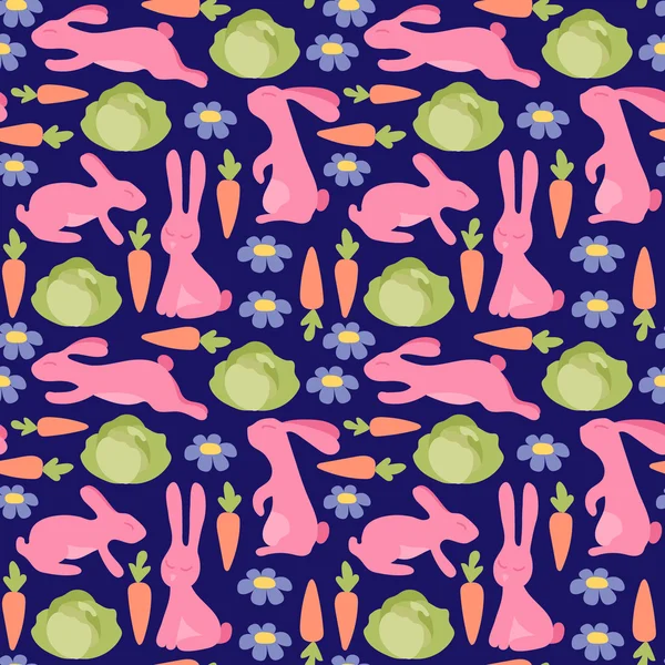 Nahtloses Muster mit Hasen, Blumen, Karotten und Kohl. Kaninchen Hintergrund für Kinder. — Stockvektor