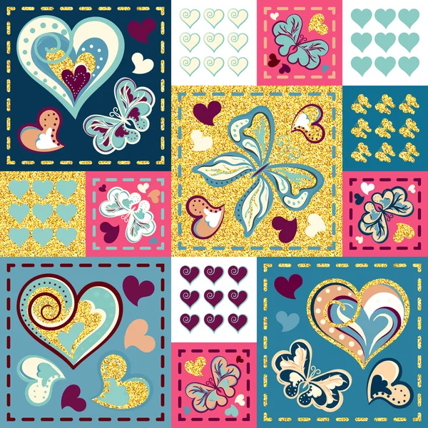 Patchwork coloré avec des cœurs et des papillons. Modèle sans couture. Éléments dorés scintillants. Série Scrapbooking . — Image vectorielle