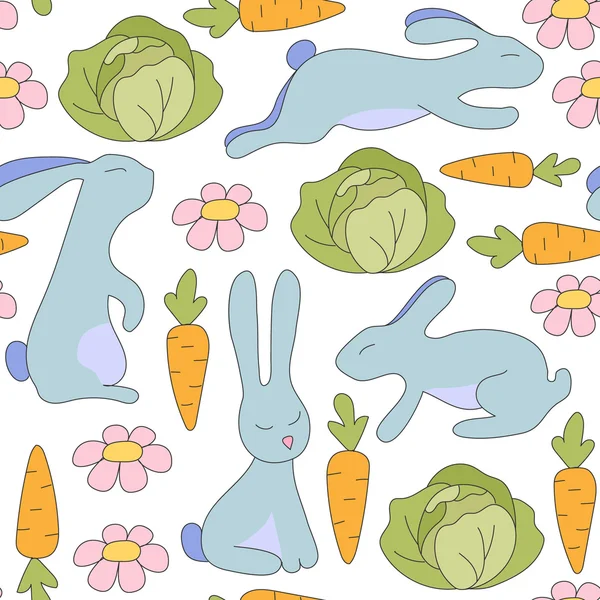 Бесшовный рисунок кролика прыгает, сидит, ложь и цветы, зеленая капуста, оранжевая морковь с веточками . — стоковый вектор
