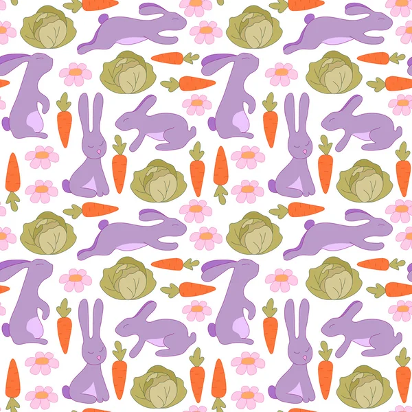Patrón sin costuras con conejos, flores, zanahorias y repollo. Fondo de conejo para niños . — Archivo Imágenes Vectoriales