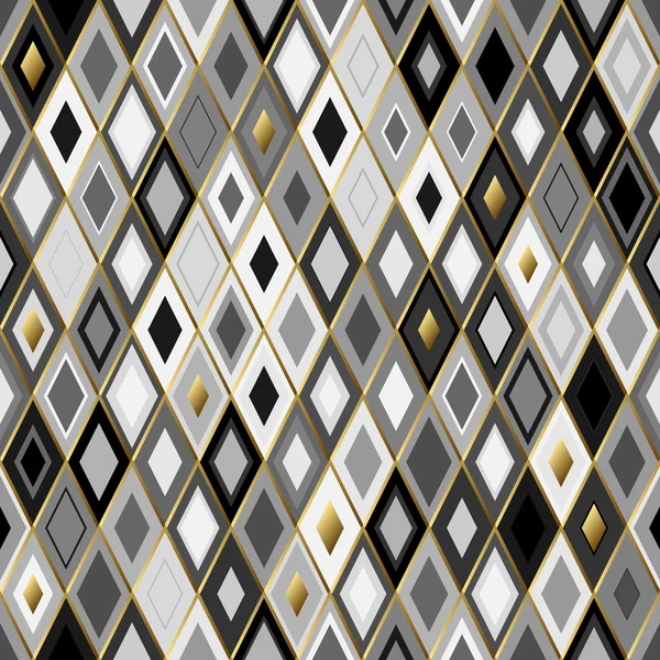 Schwarz-weiße abstrakte geometrische Muster mit goldenen Umrissen. symmetrischer monochromer Vektor-Textilhintergrund. miteinander verflochtene Rauten. — Stockvektor