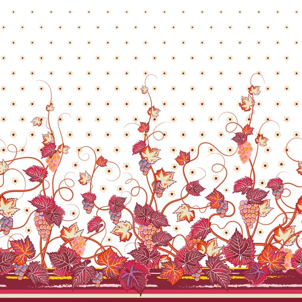 Patrón vertical sin costura vectorial con adorno decorativo de uva roja naranja, hojas y flores sobre fondo blanco, textura dibujada a mano para ropa, ropa de cama, invitación, diseño de tarjetas, etc. . — Vector de stock