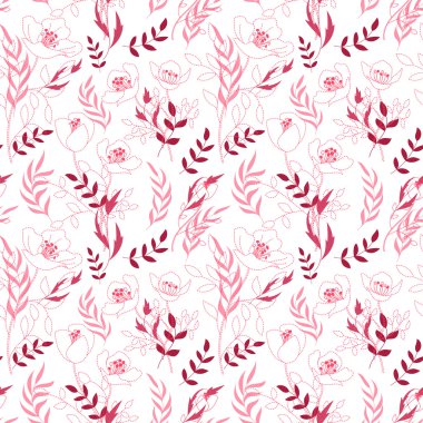 Vintage floral seamless pattern with flowers drawn by a dotted line and hand drawing leaf. Dashed line floral vector background.