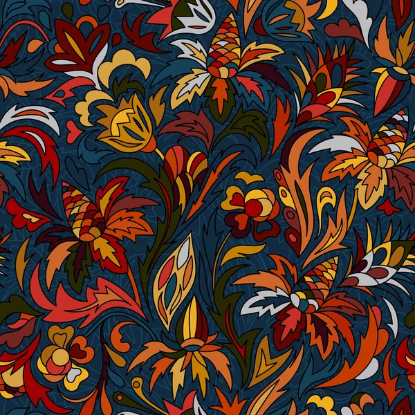 Vector bloem patroon. Naadloze botanische textuur, bloemen illustraties. Bloemmotief in doodle stijl, lente bloemen achtergrond. Hete kleuren achtergrond op marineblauw — Stockvector