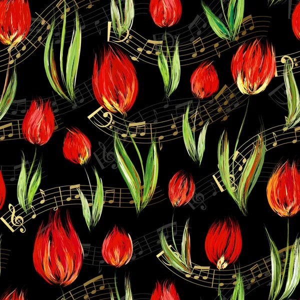 Яркий бесшовный узор с раскрашенными маслом красными цветами тюльпана заканчивается золотыми нотами на черном фоне . — стоковый вектор