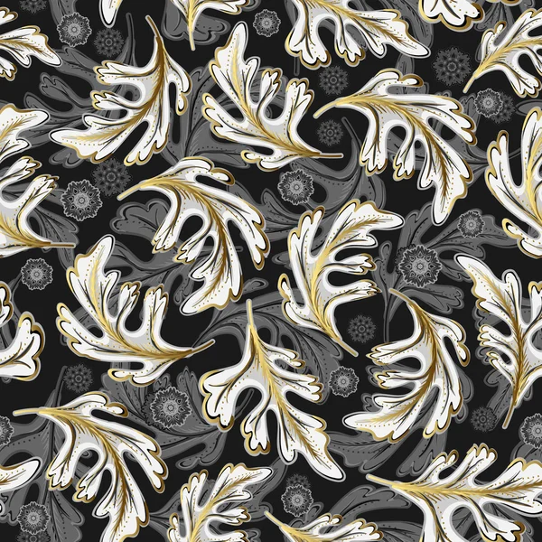 Black and white seamless pattern with golden elements. Fantasy leaves and flowers multilevel background. — Wektor stockowy