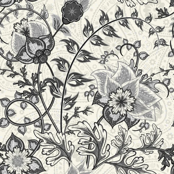 Paisley desenhado à mão. Flores e paisley preto mistura branca. Fundo vetorial sem costura —  Vetores de Stock
