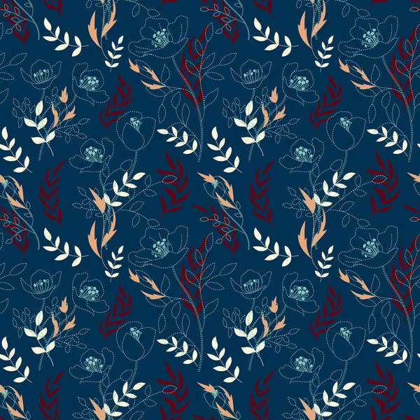 Vintage floral seamless pattern with flowers drawn by a dotted line and hand drawing leaf. Dashed line floral vector background. — Stok Vektör