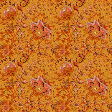 Sorunsuz çiçek arka plan. Fantezi çiçekler ve desenli karışımı. Turuncu brown çiçekler ve yapraklar koyu turuncu arka plan üzerinde. Vektör çizim.