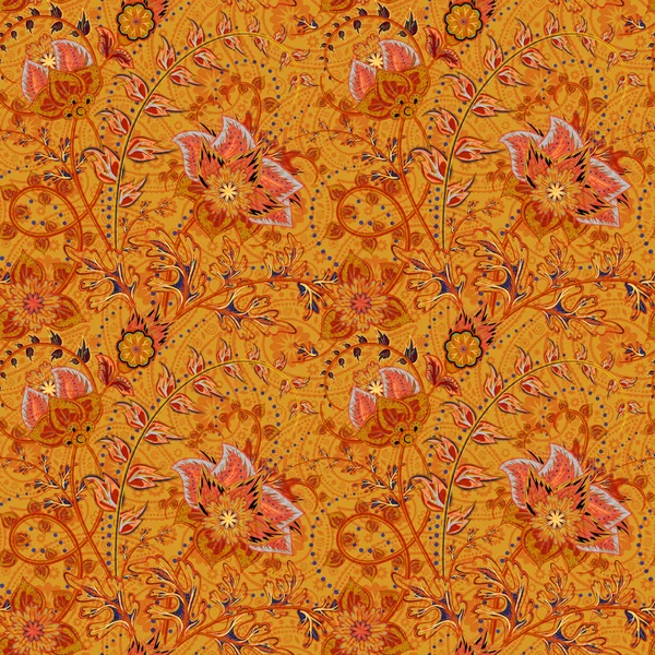 Nahtloser floraler Hintergrund. Fantasieblumen und Paisley mischen sich. orange braune Blüten und Blätter auf dunkelorangefarbenem Hintergrund. Vektorillustration. — Stockvektor